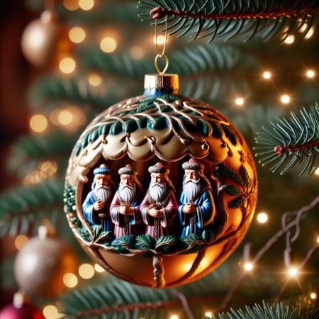 very realistic close-up photograph of a  Christmas sphere with a three wise men on it hanging in a Christmas tree branch