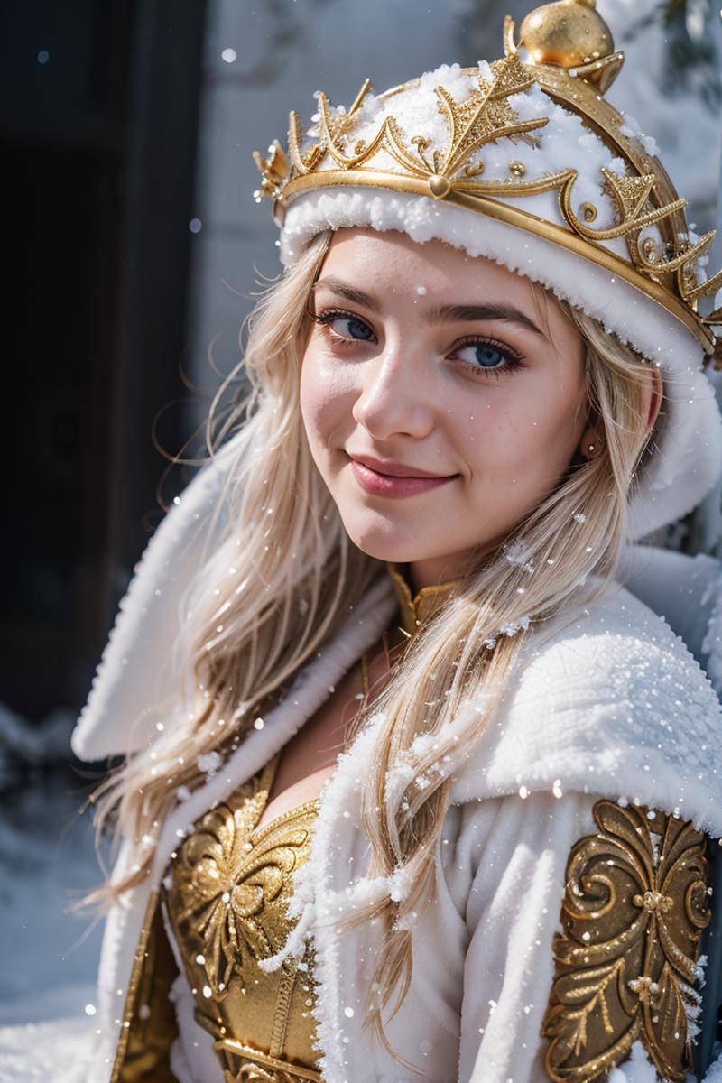A woman wearing a white and gold crown, with snow falling around her.