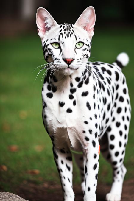 RAW photo, 1 cat, cat dalmatian, white hair with black dots, far away, very long shot, (high detailed skin:1.2), 8k uhd, dslr, soft lighting, high quality, film grain, Fujifilm XT3