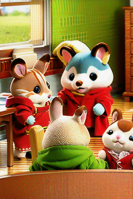 sylvanianfamilies, rabbit, husky, hamster, cute, wearing red robe, in a classroom, <lora:sylvanianfamilies-768x768-mix-ReVAnimated:0.6>