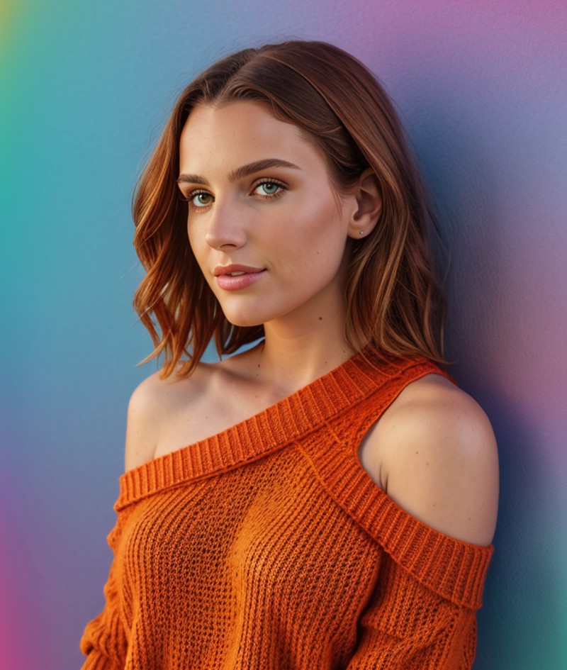 s3d1g, (close portrait photo), Colorful background, Low shoulder strap sweater