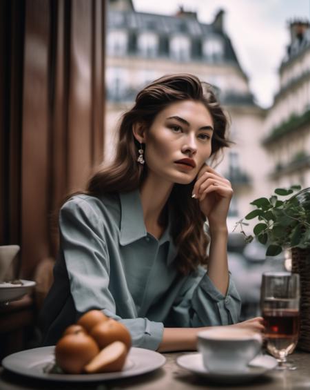 <lora:grace_elizabeth_xl_lora_13:1>grace elizabeth woman a half body portrait photo of a beautiful 26 y.o woman in a paris cafe, wearing vintage clothing, moody, vines, organic, modern, (high detailed skin:1.2), 8k uhd, dslr, soft lighting, high quality, film grain, Fujifilm XT3