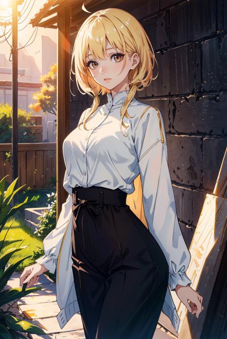 (masterpiece), (best quality), (official art, extremely detailed CG unity 8k wallpaper), (highly detailed), ((absurdres)), sfw, from the front, slender, slim waist, ivory skin, golden hour, (rim lighting):1.2, warm tones, sun flare, soft shadows, vibrant colors, painterly effect, dreamy, <lyco:GoodHands-beta2:1.0>