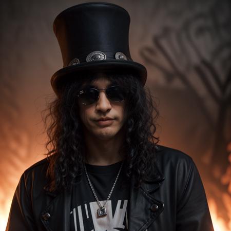 best quality, <lora:ySlash:1> ySlash, top hat, long curly hair, sunglasses, looking at viewer, colored lights, smoke, fog, fire, vibrant colors background