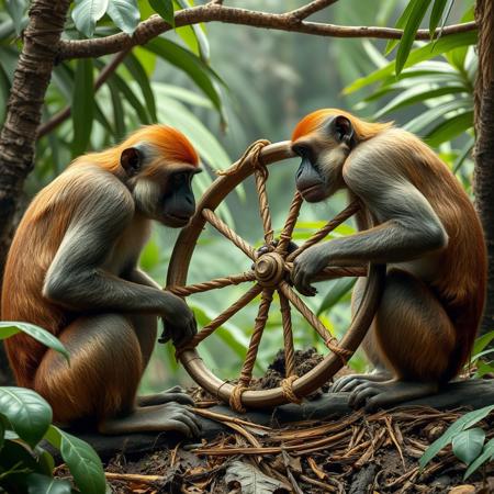 two monkeys working to build a wheel from woden in the tropical jungle