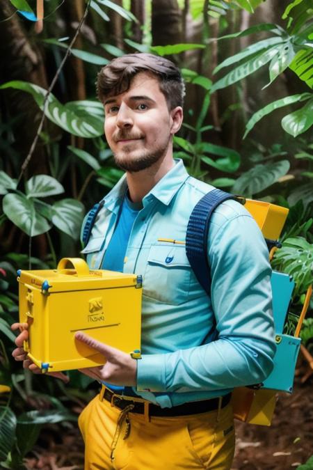 a young man in a jungle paradise, in a handsome blue suit, (holding a yellow box), colorful prizes in the background, [smiling:0.5], [upper body], (close up), (candid, amateur), (raw, 8k, uhd, fujifilm xt3), <lora:mrBeast:1>