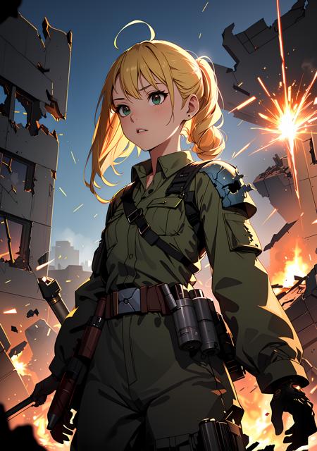 (Fantasy style), (anime), ((extremely detailed 8k illustration)), highres, (extremely detailed and beautiful), ultra detailed painting, professional illustrasion, Ultra-precise depiction, Ultra-detailed depiction, (beautiful and aesthetic:1.2), HDR, (depth of field:1.4),  (young girl),(WW2,green military costume,combat uniform,major),beautiful face and eyes,Beautiful hair, floating hair,shoulder length hair,(blonde hair),bobbed hair,pony tail,antenna hair, shiny skin,pretty,small stature,( flat chest), berserker, (â¢:1.3),(smoke:1.2),(combat,wrecked tank:1.4),(in ruins,in town),(outdoor,sky), (sparks:1.3),(wartime:1.2),