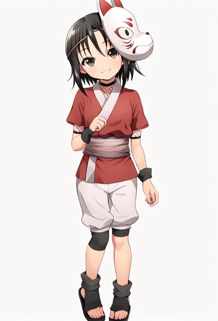 Rindou japanese clothes, mask on head, fox mask, red shirt, short sleeves, white shorts