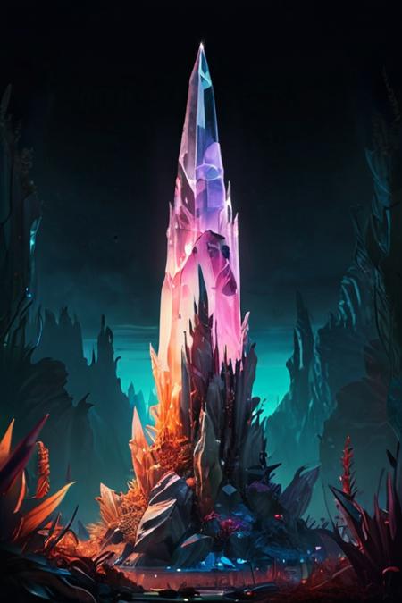 massive crystal spire in a unnatural landscape  surrounded by magical plantlife,ethereal glow,bright colors,evening,(horror scene:1.1),dark