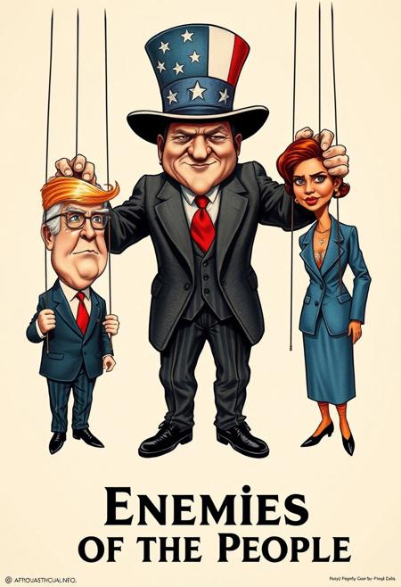 world war I military propaganda poster showing the "enemies of the people", the caricature drawing in the style of a gravure depicts an evil greedy capitalist with 3 piece suit and a American flag top hat who is controlling two puppets, one puppet is of an old white man with orange hair and red tie resembling Trump, the other puppet is that of a tanned short haired tamil indian woman wearing a blue western suit resembling kamala harris, the a title at the bottom that reads "Enemies of the People"