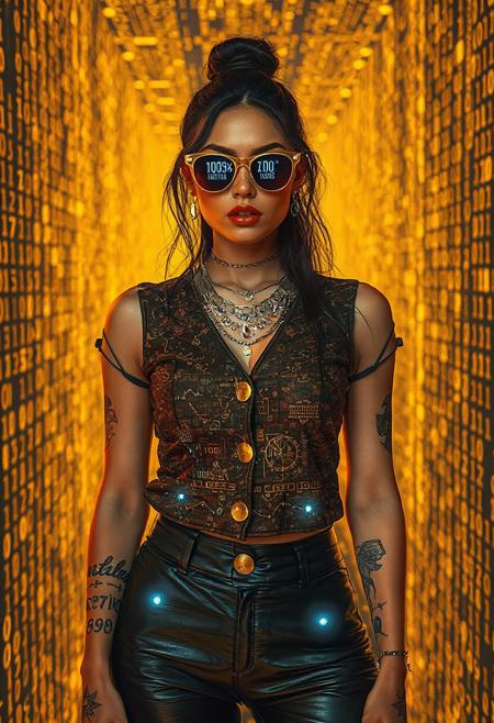 A cybernetic labyrinth filled with scrolling code streams. The woman’s gold-buttoned top is embroidered with pixel-art constellations, while her leather pants pulse with embedded LED circuits. Her sunglasses reflect strings of binary, and the layered necklace projects holographic runes. The background is a grid of shifting yellow and orange pixels, creating an immersive tech maze. Syd Mead’s digital minimalism collides with Rolf Armstrong’s retro-futuristic charm: glowing tattoos on her arms, a wink directed at the viewer, and a vibrant skin tone. Add flickering code trails and glitch effects.  Pixel constellations, LED circuits, binary reflections, holographic runes, glitch effects.