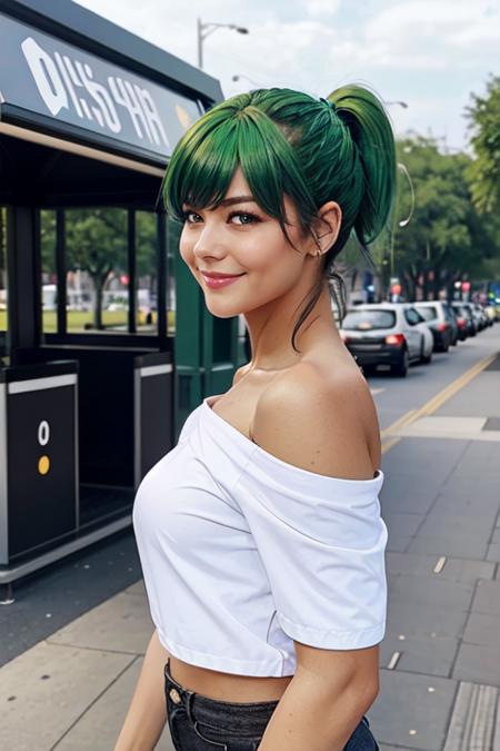 from side, a woman standing at a busstop, upper body, looking at smartphone, cute smile,beautiful eyes, beautiful girl, high detail skin, high detail eyes, high detail hair, highres, ultra detailed, sharpen picture, Highly detailed, masterpiece, best quality, photorealistic,  <lora:LeeSeyoungLoRA:0.8> 1girl, bangs, short hair, jacket, top, ponytail, off shoulder, bare shoulders, black short shorts, 
BREAK
green hair