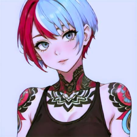 multi colored hair, short hair, tattoo