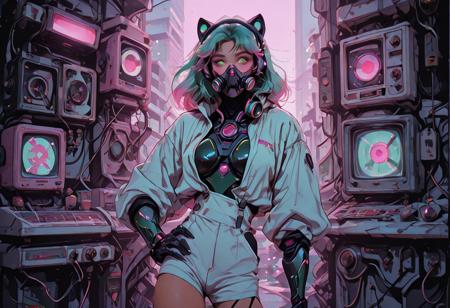 Shinkaistyle masterpiece of a slender, fit, tall, long-legged anime-style cyberpunk character in a retro, pink aesthetic. She has long, flowing teal hair, emerald green eyes with cybernetic augmentations, and wears black and white armor with gauntlets and boots. She poses with one hand on her hip, the other in her pocket, engaging the viewer with direct eye contact. The background is a dynamic, holographic cityscape with soft shadows from a light source on the left. The overall atmosphere is one of cybernetic beauty and futuristic fantasy. 1girl, solo, long green hair, medium breasts, green eyes, open jacket over white shirt, black gloves, looking at viewer, bangs, simple gradient background, eyelashes, aqua hair, mask, animal ears, glowing eyes and elements, headphones, slit pupils, dark skin, neon trim, cyberpunk respirator.