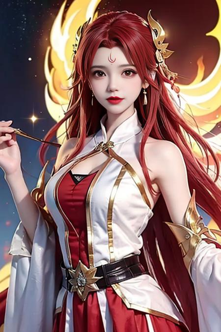 Girl, young and beautiful, tall and beautiful, fair face, perfect features, tall and beautiful, fair skin, good figure, heroic and valiant, heroic and valiant, wearing ancient Chinese armor, female general, Chinese landscape background, standing on the top of the mountain, 500 years ago, starry night, realistic, detailed, 8k, <lora:chilloutmixss_xss10:0.3> mix4,   <lora:lasta-000018:0.5>red_dress,starry sky, fire, red hair, solo, hair ornament, long hair, red eyes, jewelry, earrings, dress, bare shoulders, red lips, upper body, white background, facial mark, crescent, lipstick, forehead mark, looking at viewer