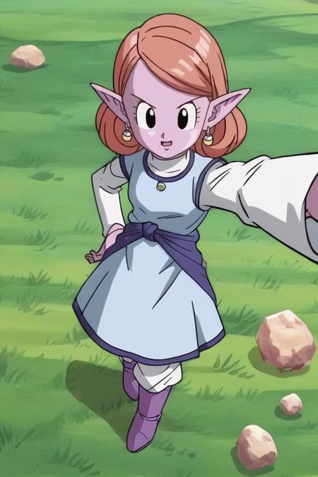 chronoa, potara earrings, orange hair, pointy ears, black eyes, colored skin, purple skin,