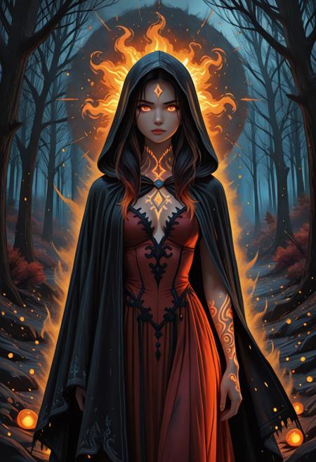 masterpiece, absurdres, 8k, HQ, 15546+456868, 
vivid and contrasting colors, digital painting, fantasy art, dark fairytale atmosphere, dramatic lighting, cinematic shadows, 1girl, 1wolf, anthropomorphic wolf, glowing orange eyes, tattered hooded cloak, detailed textured fur, fierce expression, stands protectively behind woman, dark misty forest, silhouetted trees, moody background, long black hair with red streaks, ornate red dress, jewelry, intricate beadwork, exposed arms, vivid tattoos, black ink designs, painterly finish, intense and mysterious mood