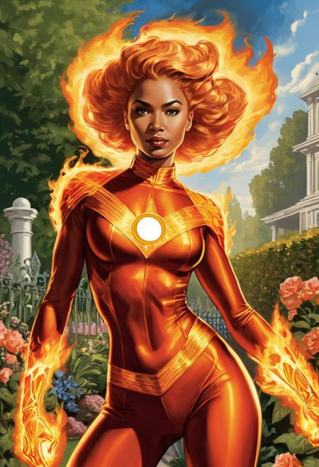 (art definition The powers of The Human Torch-The Human Torch Woman: The Fantastic Four Style:0.9), with the same fire and flying powers of Johnny Storm (artist design by Marvel Universe:1.1), (kind young lightskin biracial feminine woman as lowly prostitute, character maiden of light, magical prowess, glowing auras, pristine skin, detailed bright pupils, supple body:1.4), (in a garden with her girlfriends:1.5), (change pose each iteration:2)