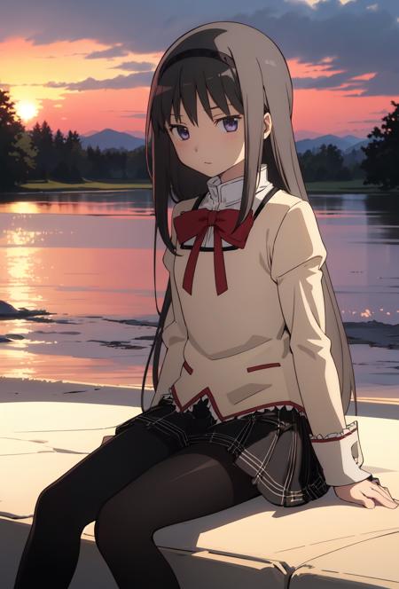 1girl, solo, homuraakemi, long hair, pantyhose, <lora:homura_akemi-000006:0.8>, sitting, sunset