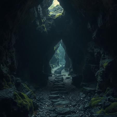 8k, source_photo, source_real, traditional media, real life photo, dungeons and dragons, medieval, deep and dark cave complex, underground, foreboding, natural caves leading deeper into the darkness, light emitting from moss on walls