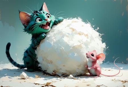 Classic children's book illustration: Low-angle, mouse-eye view. An emerald cat, toothed grin, leans on an immense, white, fluffy wool ball. 
Below, a tiny bright pink mouse, gazes upward.
Soft, painterly rendering with a palette of vibrant emerald, pink.
Warm directional light creates gentle shadows, highlighting gleaming teeth and plush fur. 
Atmosphere of whimsical suspense and charming peril, focusing on the cat's wide grin and the mouse. Subtle storybook vignette.