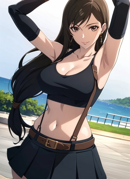 <lora:nier_anime_style_offset:1> nier anime style, tifa lockhart, 1girl, thick lips, arm up, armpits, artist name, belt, black hair, breasts, brown eyes, cleavage, closed mouth, collarbone, cowboy shot, crop top, earrings, elbow gloves, elbow pads, gloves, jewelry, large breasts, lips, long hair, low-tied long hair, midriff, navel, outdoors, skirt, smile, solo, stomach, suspenders, tank top, upper body, ((masterpiece))  <lora:tifa_lockhart_offset:0.6>