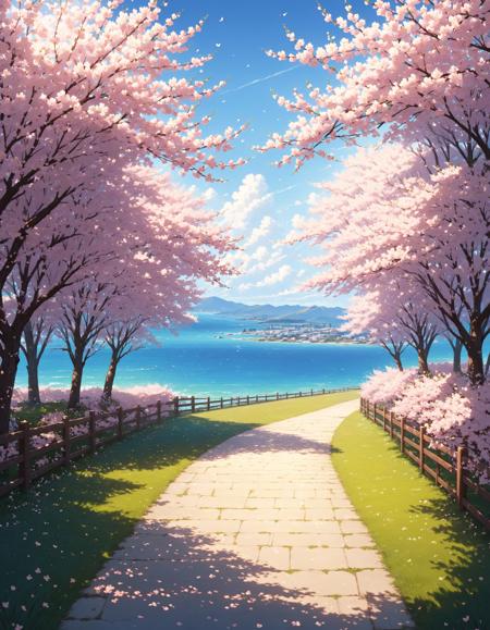 Wallpaper Fusion, cherry blossoms, day, fence, grass, no humans, ocean, outdoors, path, petals, scenery, shadow, sky, tree, water, cinematic angle, foreshortening, masterpiece, best quality, <lora:WallpaperFusionXL:0.8>