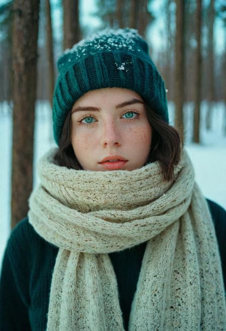 A portrait of a girl, wavy hair, black hair, ocean green eyes, standing in a forest in winter, warm clothes, scarf, beanie, condensed breath, parted lips, looking at viewer, snow flakes,, freckles, pale skin, realistic, photo, golden hour, cinematic lighting, celluloid film skintone color style, earthy colors, blue colors