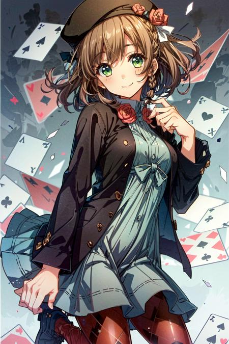 (masterpiece, best quality)
HeroineAmnesiaAnime, 1girl, solo, smile, short hair, brown hair, hat, dress, ribbon, green eyes, jacket, full body, braid, flower, heart, pantyhose, boots, rose, beret, red flower, card, argyle
 <lora:add_detail:0.7>  <lora:HeroineAmnesiaAnime:0.9>