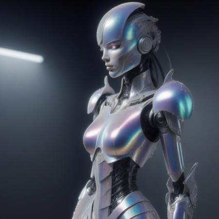 a female robot, iridescent exoskeleton armour clothing made of pearl, high heel boots . large depth of field, deep depth of field, highly detailed