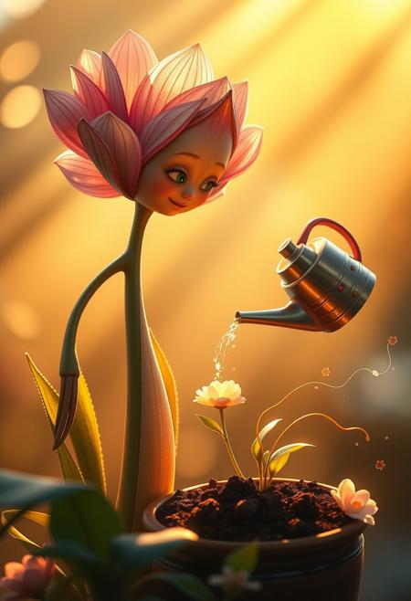 "Create an extremely detailed and hyper-realistic image of a majestic flower, with a gentle and nurturing face, standing next to a pot and watering a smaller flower that is sprouting from the soil. The larger flower's body is slender and delicate, with intricate petals and a subtle sheen. The smaller flower, which is only partially visible, has a sweet and innocent face and is looking up at the larger flower with a sense of wonder. The scene is bathed in beautiful, warm light rays that stream in from the side, casting a golden glow over the flowers. Colorful, trailing wind effects dance around the flowers, adding a sense of movement and life to the image. The watering can is pouring water onto the smaller flower, and the larger flower's face is filled with a sense of joy and care. The image should be rendered in a hyper-realistic style, with incredible attention to detail and texture. Think 'photorealistic' and 'ethereal'."