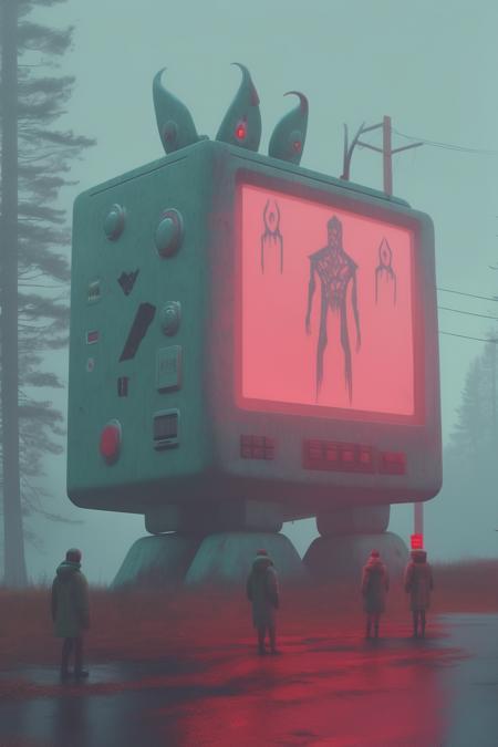 <lora:Simon Stalenhag:1>Simon Stalenhag - foggy, twin peaks, satanic figures, giant gameboy, runic symbols, simon stlenhag, hyper realistic octane render