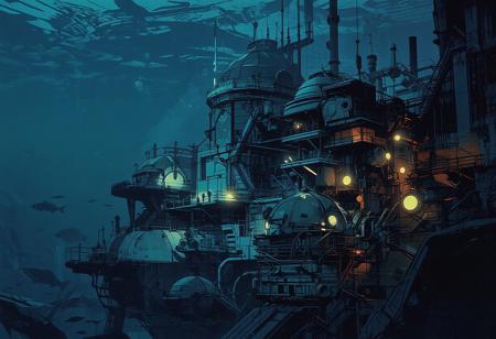 We are underwater, 100 meters unders surface, with exceptional visibility. From a great height, we observe a massive cliff plunging into the darck abyss. A vast underwater research station, almost a futuristic city and a mining extraction facility at the same time, stands at the edge of the abyss.
The station’s architecture is sleek and harmonious, made of glass and steel. A grand building with a colossal glass towers over numerous other structures, many of which also have small domes or cupolas. Multiple platforms house residential and research facilities, with scattered lights illuminating the underwater station and antennas spread throughout.
Numerous air bubbles rise from the station, drifting towards the surface. In the foreground, additional research domes, pipelines, conduits, and enormous underwater mining machines add to the station’s industrial activity. The water is crystal clear, allowing for an extensive view of various fish swimming in the distance.