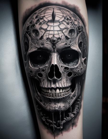 A masterpiece of horror and hope. The body transformed by shadows and unwritten futures, where the mechanical and the macabre intertwine. In stark black and white, with pastel whispers, a hyper-realistic masterpiece is born. Each inked stroke is a symphony of technology and terror, the skin narrates tales of worlds yet to come. This tattoo is not just art, but a vision that leaves you in shock.