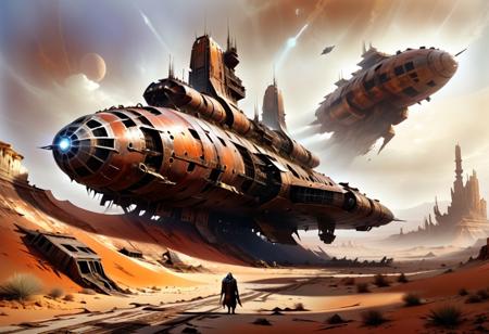 masterpiece,best quality,absurdres,dvr-rst, 
 Huge broken abandoned decaying spaceship in a desert landscape,
Decay, surreal, beautiful, haunting,