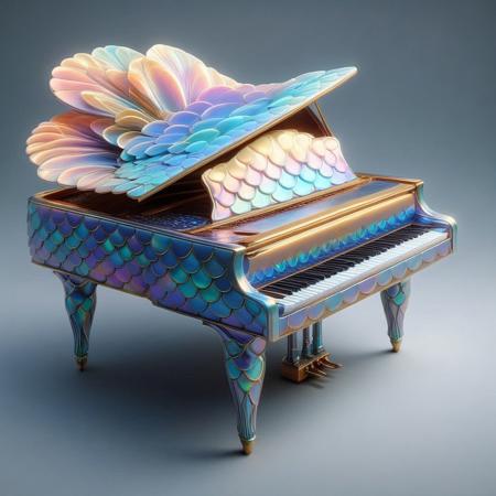 p1nk1r1sc4l3s, a piano made out of iridescent scales, masterpiece, best quality, highly detailed, sharp focus, dynamic lighting