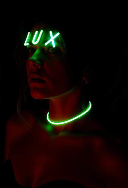 Woman in dark with green glowing necklace WITH TEXT "FLUX"
