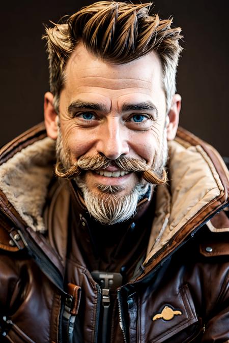solo, brown hair, gloves, 1boy, jacket, upper body, portrait, male focus, facial hair, beard, brown background, mustache, smiling, old man, white hair,<lora:zane_borderlands_3_lora:0.8>