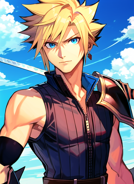 hungry clicker,  cloud strife, 1boy, armor, blonde hair, blue eyes, closed mouth, earrings, fusion swords, high collar, jewelry, looking at viewer, male focus, over shoulder, ribbed shirt, shirt, short hair, shoulder armor, shoulder belt, single bare shoulder, single earring, sleeveless, sleeveless shirt, solo, spiked hair, sword, sword over shoulder, upper body, weapon, weapon over shoulder, ((masterpiece)) <lora:hungry_clicker_offset:1.2>