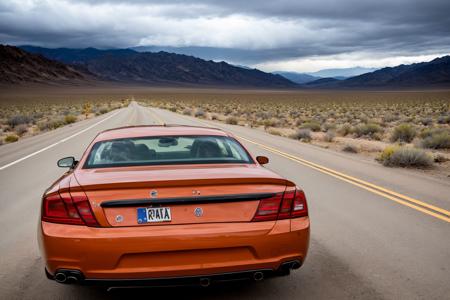 ((best quality)), ((masterpiece)), ((realistic)), (detailed),4K, absurdres, HDR, photography
terracotta AMC Ambassador SST, 390 driving on the highway throught the death valley desert, chrome, glossy chassis, dramatic scene, thunderstorm with lightnings at the horizon, dramatic angle, low angle, (focus car:1.2), (motion blur:1.1), wide angle, dust cloud behind the cas, car moving at high speed, car in the centerâââ
