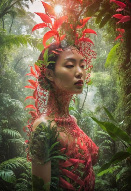 surreal double exposure, translucent Eurasian woman figure among rainforest flora, draped in vines and leafy tendrils, bursts of crimson heliconia blooms, sun-drenched trunks in background, intricate details, peaceful harmonious symbiosis depicted