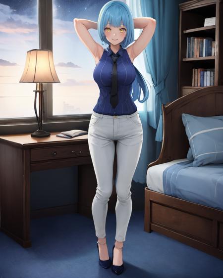 best quality, (masterpiece:1.2), illustration, absurdres,  
(1girl), (solo), (beautiful detailed girl), full body, from below,
<lora:RisetteCasual:0.85> Risette Twinings, yellow eyes, blue hair, long hair, blunt bangs, large breasts, blue shirt, sleeveless shirt, black necktie, white pants, black high heels,
smile, looking at viewer,
inside elegant bedroom, night, window, curtain, starry sky, lamp, bookcase, nightstand, vase, desk,
arms behind head,