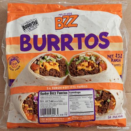This is a photograph of a "Buzz Burritos" product packaging. The burrito is wrapped in a clear plastic wrapper with a purple and orange label. The label prominently displays the word "BUZZ" in bold, white letters, with the word "Burritos" in smaller letters below. The packaging features a tagline "3.4 lb" and "NET WT 3.4 lb." There are also images of the burrito's contents, including beef, cheese, and ranch. The background is a gradient of warm colors with a vertical striped pattern. The overall style is vibrant and eye-catching, with a focus on the product's large size.