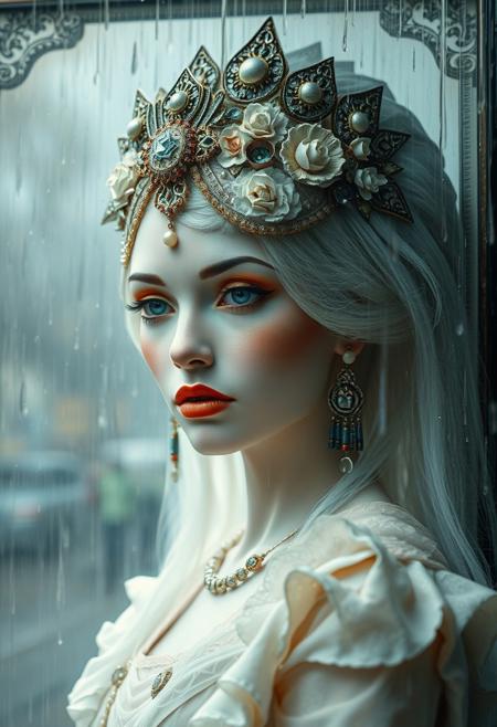 Wet rainy scene, layered papier-mâché material. Art Nouveau framed portrait of a ghostly beauty with ornate headdress and jewelry, gentle expression. Opulent theatrical portrait, ethereal soft realism, jewel tones, pastel highlights, Art Deco patterns, surreal dreamscapes, hyper-detailed facial features, flowing textiles, sculpted texture, drizzling rain, reflective surfaces.