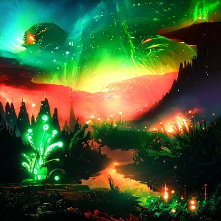 masterpiece,high resolution.
,alienworld, 
The astronaut looks at an unknown plant with interest. Behind the astronaut, an alien predator is preparing to attack him. Two red suns in the sky. Greenish-blue sky. Alien forest. Red water. White mountains in the distance. The main focus is a massive, alien sun with flames bursting out of its crown, set against a vibrant, turquoise sky. In the foreground, a lush, green meadow teems with wildflowers, waiting for the sun's nourishing rays and warmth. The atmosphere should be one of anticipation and serenity, as if the very presence of the sun is about to awaken new life and vitality.