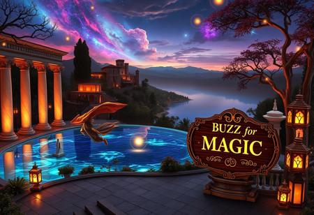 A mystical landscape at twilight, centered around a glowing crystal lake reflecting vibrant nebulae and distant galaxies. Grand marble columns and statues reminiscent of Italian architecture line the shores, adorned with glowing vines. Towering bioluminescent trees with ornate branches softly illuminate the scene, while terraced villas and cascading fountains, inspired by Tuscany, rise in the distance. Iridescent mountains blend with the luminous clouds above, creating a dreamlike horizon.
In the foreground, a figure in flowing robes reminiscent of Renaissance nobility stands on a stone piazza leading to the lake. Around them, floating orbs of light and ancient runes circle as they weave a magical spell. Nearby, an elegant wooden sign made from polished mahogany, with intricate scrollwork and gilded edges, reads ‘BUZZ for MAGIC’ in sleek Futura font, glowing faintly in neon white, perched atop a stone pedestal. Golden lanterns sway in the gentle breeze, adding warmth to the serene atmosphere. The entire scene is a fusion of otherworldly beauty and timeless Italian elegance, where nature, art, and magic blend in perfect harmony