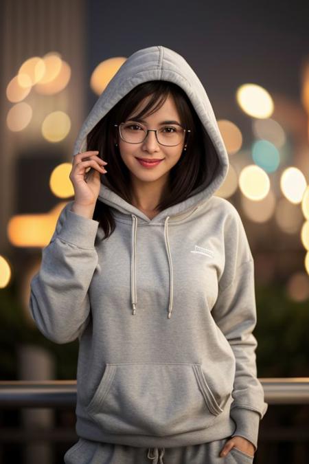 (8k, RAW photo, best quality, masterpiece:1.2), (realistic, photo-realistic:1.37), best quality, ultra high res, photon mapping, radiosity, physically-based rendering, 1girl, ((glasses)), ((hoodie)), ((sweatpants)), naughty face, cute, (laughing), (happy), (Kpop idol), (aegyo sal:1), ((puffy eyes)), looking at viewer, posing, (full body), large breasts, busty, large butt, cityscape, night, (bokeh:1.4), <lora:koreanDollLikeness_v10:0.5>, ((wink)), ((hair blown by air)),