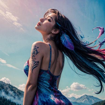 RAW photo, 8k uhd, Analog style, (Masterpiece, Best Quality, Highres:1.3), dramatic, cinematic, BREAK,
(watercolor painting:1.4) by (Agnes Cecile:1.2) of (slim:1.1) indian (girl:1.2) upper body from behind, (sundress made of feathers:1.3), cute face, (dynamic pose:1.1), (eyes:0.8), looking up, ((very long:1.1) flying blue hair:1.2) with (purple:1.1) (feather:1.4), (tattoo:1.3), (clouds, mountain, field:0.8), wind, ((colorful:1.1) watercolor blots background:1.3), (soft colors, fluid strokes, transparent layers:1.3), (hyperdetailed, absurdres, sketch:1.1), BREAK,
<lora:more_details:0.7>,