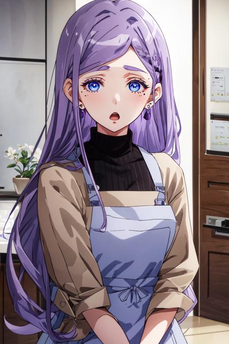 emma, 1girl, solo, long hair, looking at viewer, blush, open mouth, blue eyes, upper body, purple hair, indoors, :o, apron, sweater, mole under 1 eye, turtleneck, anime coloring, 1 mole, <lora:Emma-01:1>