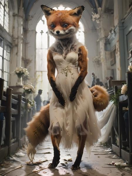 silhouette, desperate depiction of a veiled and wedding dress wearing stnerfx sad fox that is stumbling down the isle,  <lora:- SDXL - stnerfx _Stoned_Fox_Style_V4.0:.8>